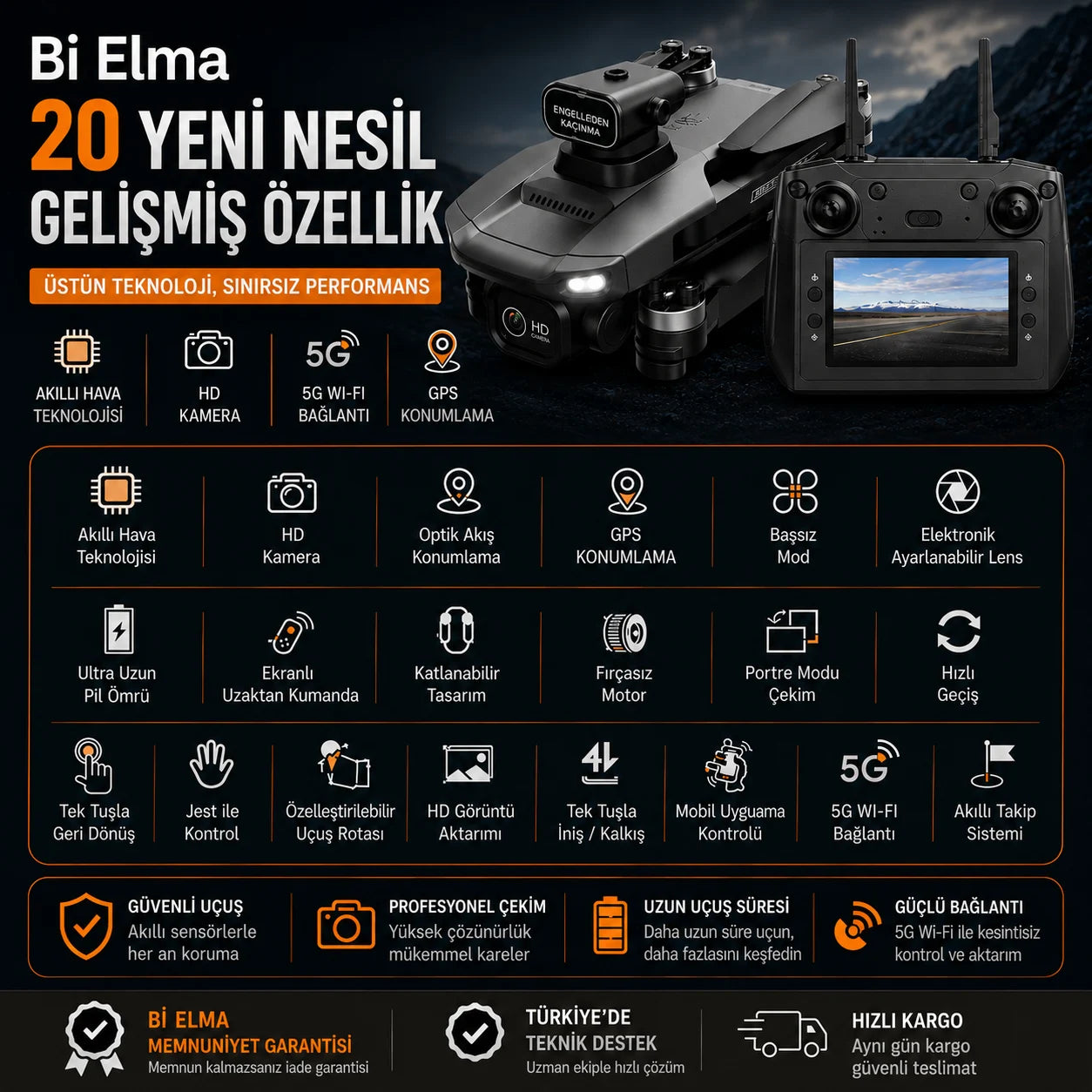 W9 Max Drone – Çift Batarya, Çift Kamera, GPS Takip, Fırçasız Motor, Engel Algılama, Ekranlı Kumanda