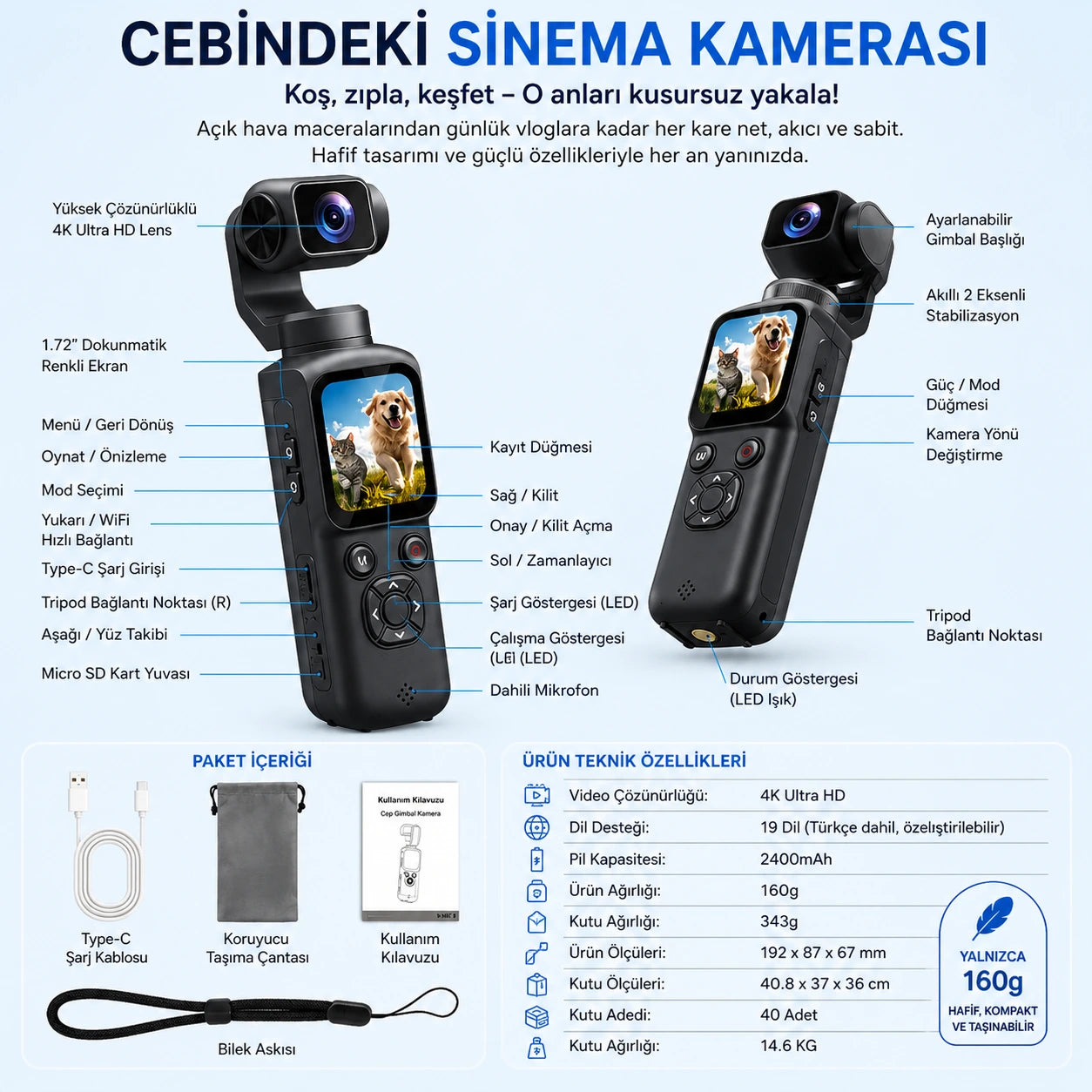 4K Vlog Kamera – 3 Eksen Gimbal, 330° Yüz Takip, Dokunmatik Ekran, Çantalı Set