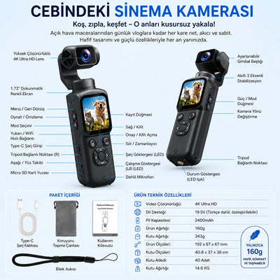 4K Vlog Kamera – 3 Eksen Gimbal, 330° Yüz Takip, Dokunmatik Ekran, Çantalı Set