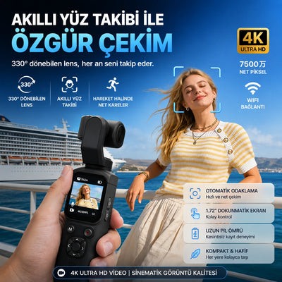4K Vlog Kamera – 3 Eksen Gimbal, 330° Yüz Takip, Dokunmatik Ekran, Çantalı Set