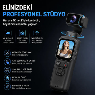 4K Vlog Kamera – 3 Eksen Gimbal, 330° Yüz Takip, Dokunmatik Ekran, Çantalı Set