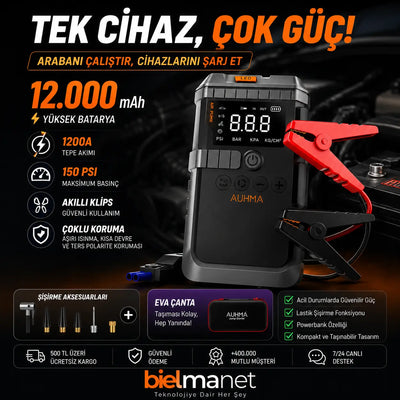 4'ü 1 Arada Premium Taşınabilir Akü Takviye Cihazı & Hava Kompresörü – 12000mAh 1200A, 150PSI, Powerbank, LED