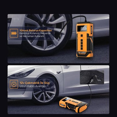 Araç Akü Takviye + Hava Pompası + Powerbank | 80000mAh 4 in 1 Çok Fonksiyonlu Cihaz
