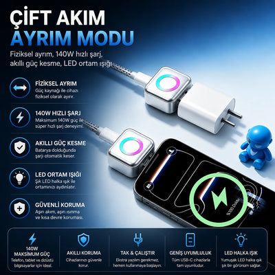 AI Akıllı Şarj Kesici Adaptör 140W — Dolunca Otomatik Kapanır