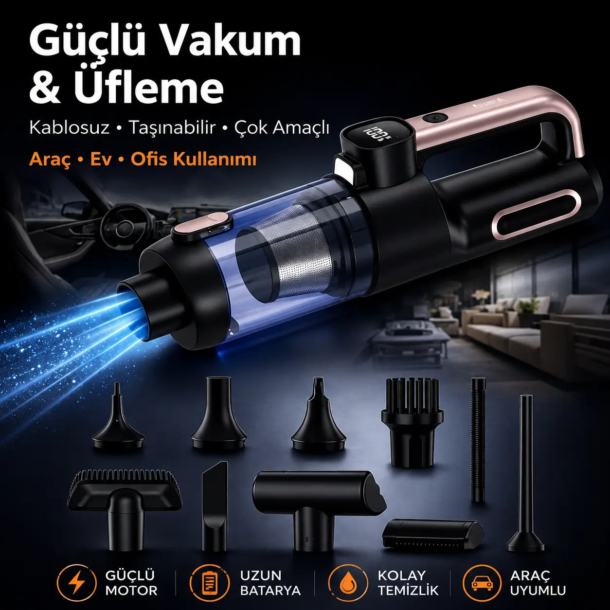 Şarjlı El Süpürgesi – 20.000 Pa, 120W Fırçasız Motor, Vakum & Üfleme, HEPA Filtre (Araç & Ev)