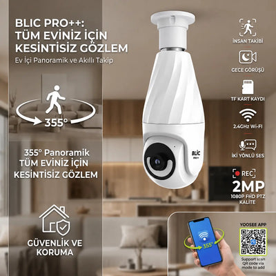 Ampul Tipi WiFi Güvenlik Kamerası – 1080P Full HD, 355° PTZ, İnsan Takibi, Gece Görüşü (Duya Takılır)
