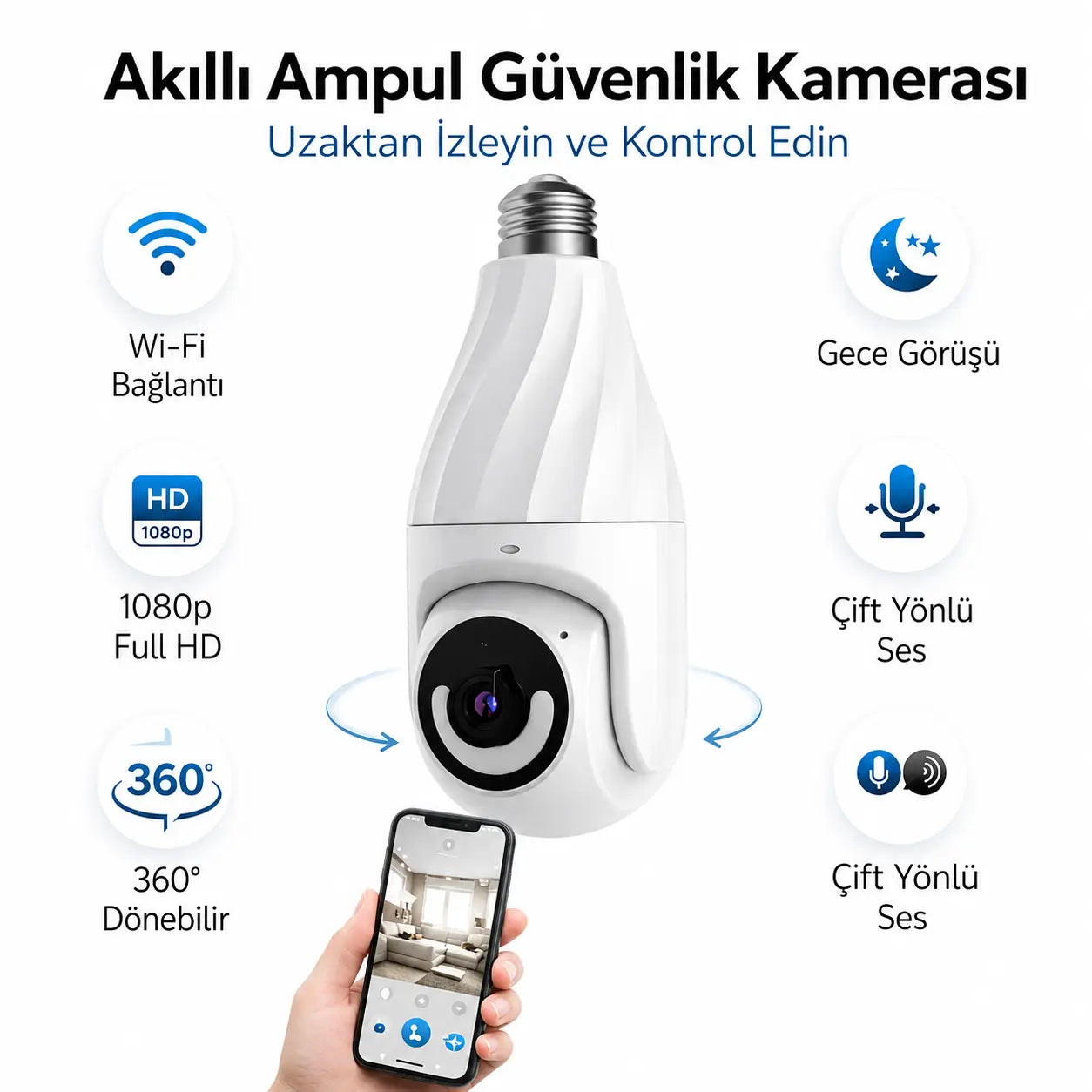 Ampul Tipi WiFi Güvenlik Kamerası – 1080P Full HD, 355° PTZ, İnsan Takibi, Gece Görüşü (Duya Takılır)