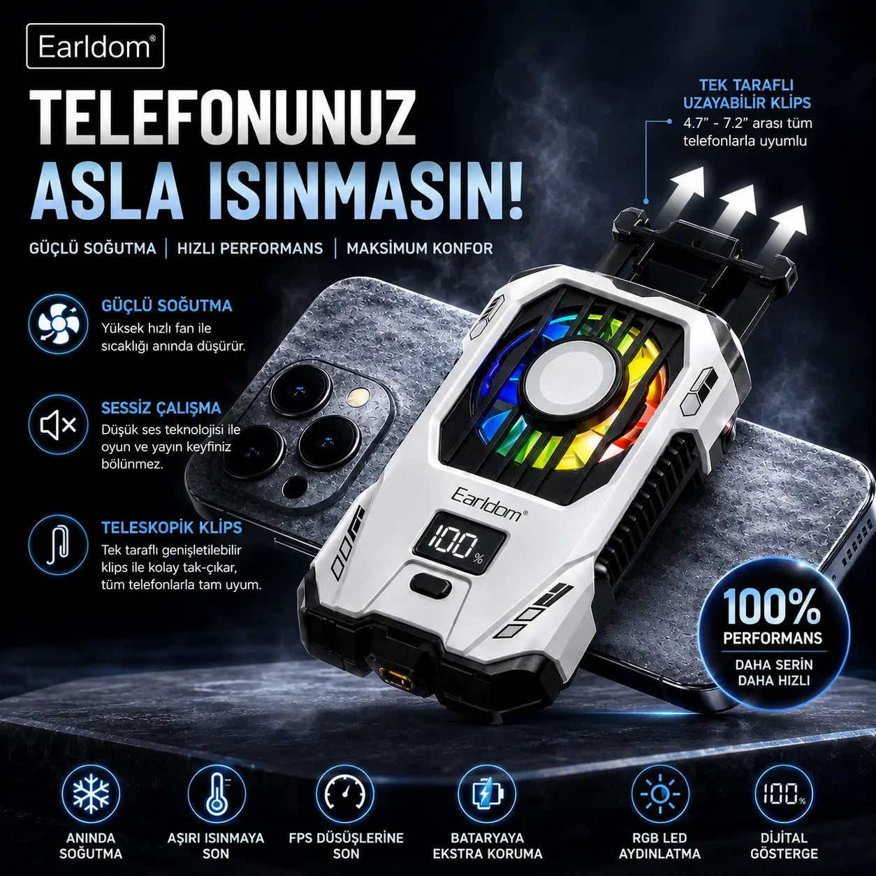 Earldom Powerbankli RGB Telefon Soğutucu 2500 mAh