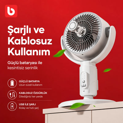 Şarjlı Vantilatör – Masaüstü ve Ayaklı Kullanım, F1 Kumandalı 5 Kademeli Serinletici Fan