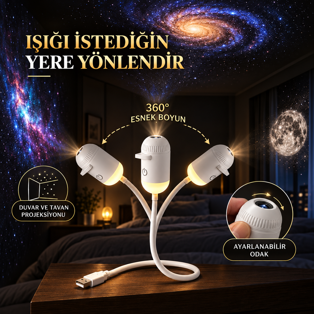 360 derece esnek boyunlu ve ayarlanabilir odaklı galaksi projektörü