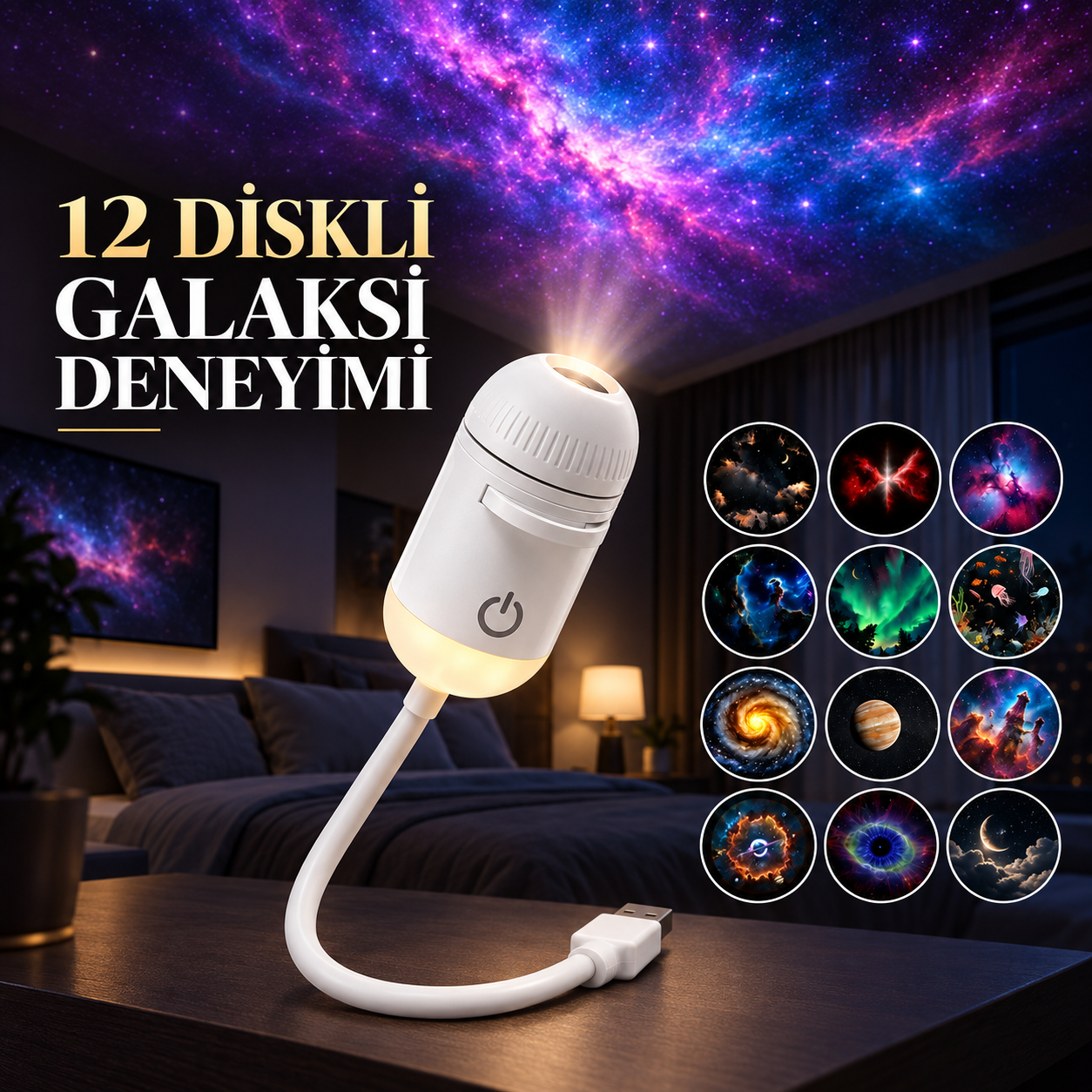 12 diskli USB mini galaksi projektörü ve yıldızlı oda görünümü