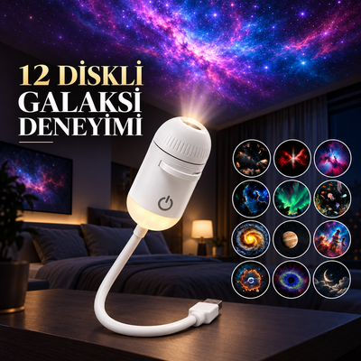 12 diskli USB mini galaksi projektörü ve yıldızlı oda görünümü