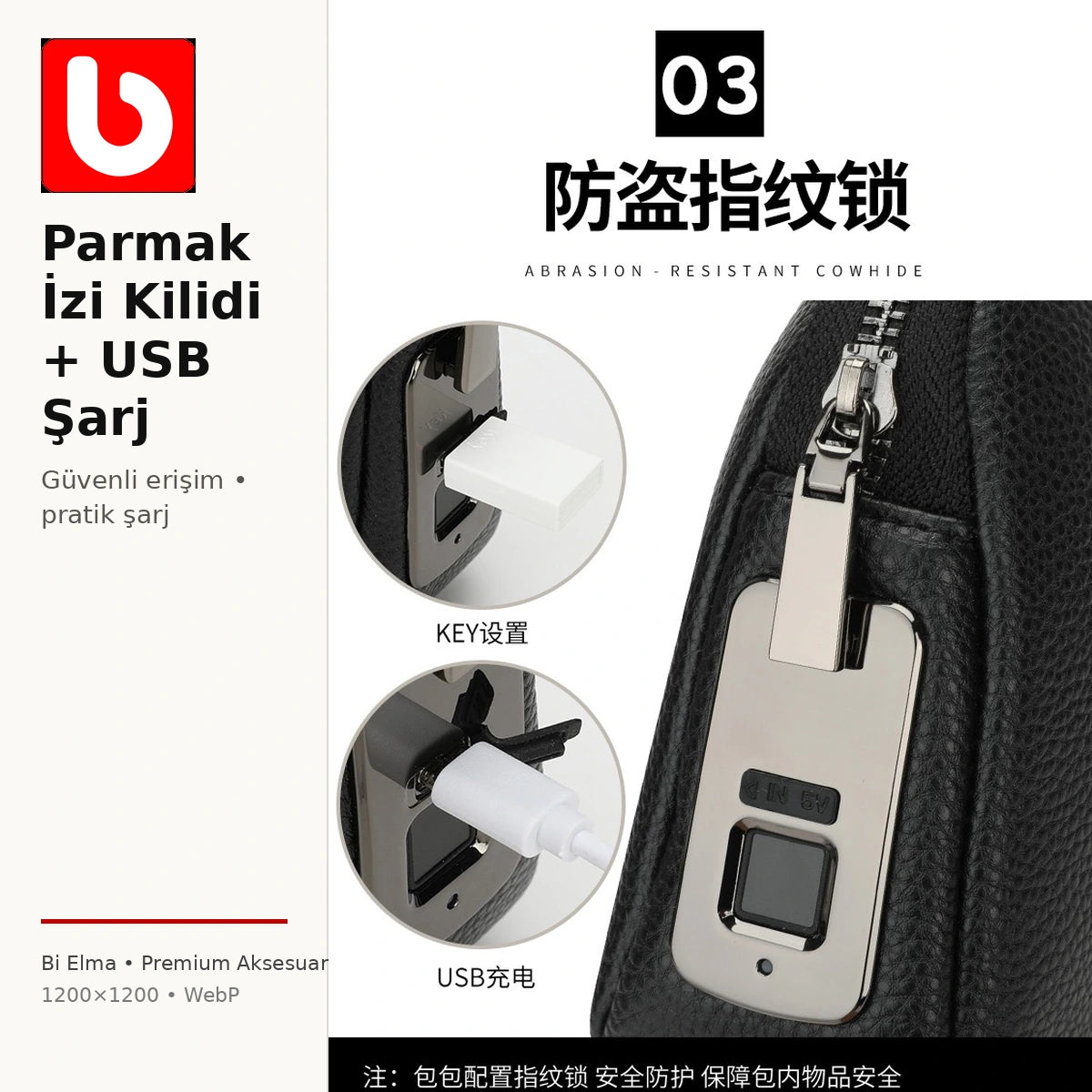 Parmak izi kilidi ve USB şarj detaylı erkek el çantası - Bi Elma