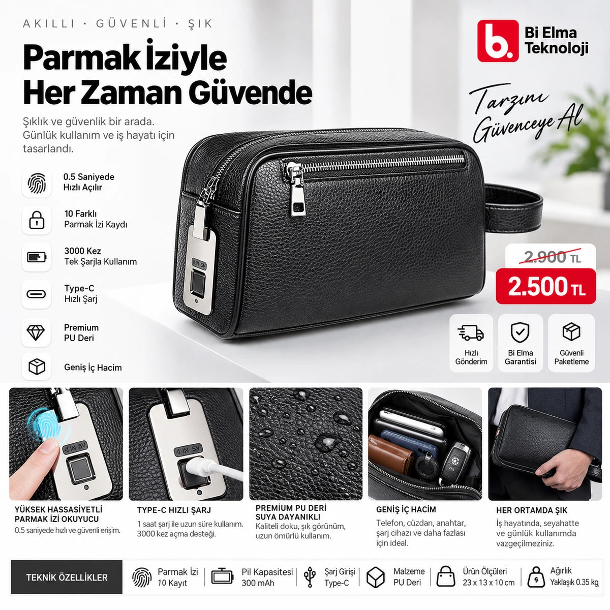 Parmak izi kilitli erkek el çantası - Bi Elma 6