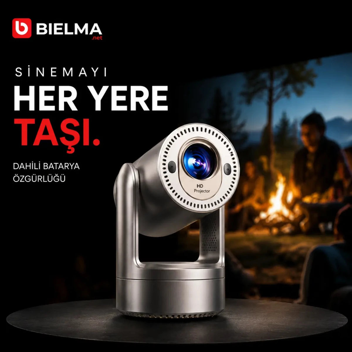 Dahili Bataryalı Premium Android Projeksiyon | Hoparlörlü, Otomatik Odaklı 4K Taşınabilir Sinema - Bi Elma