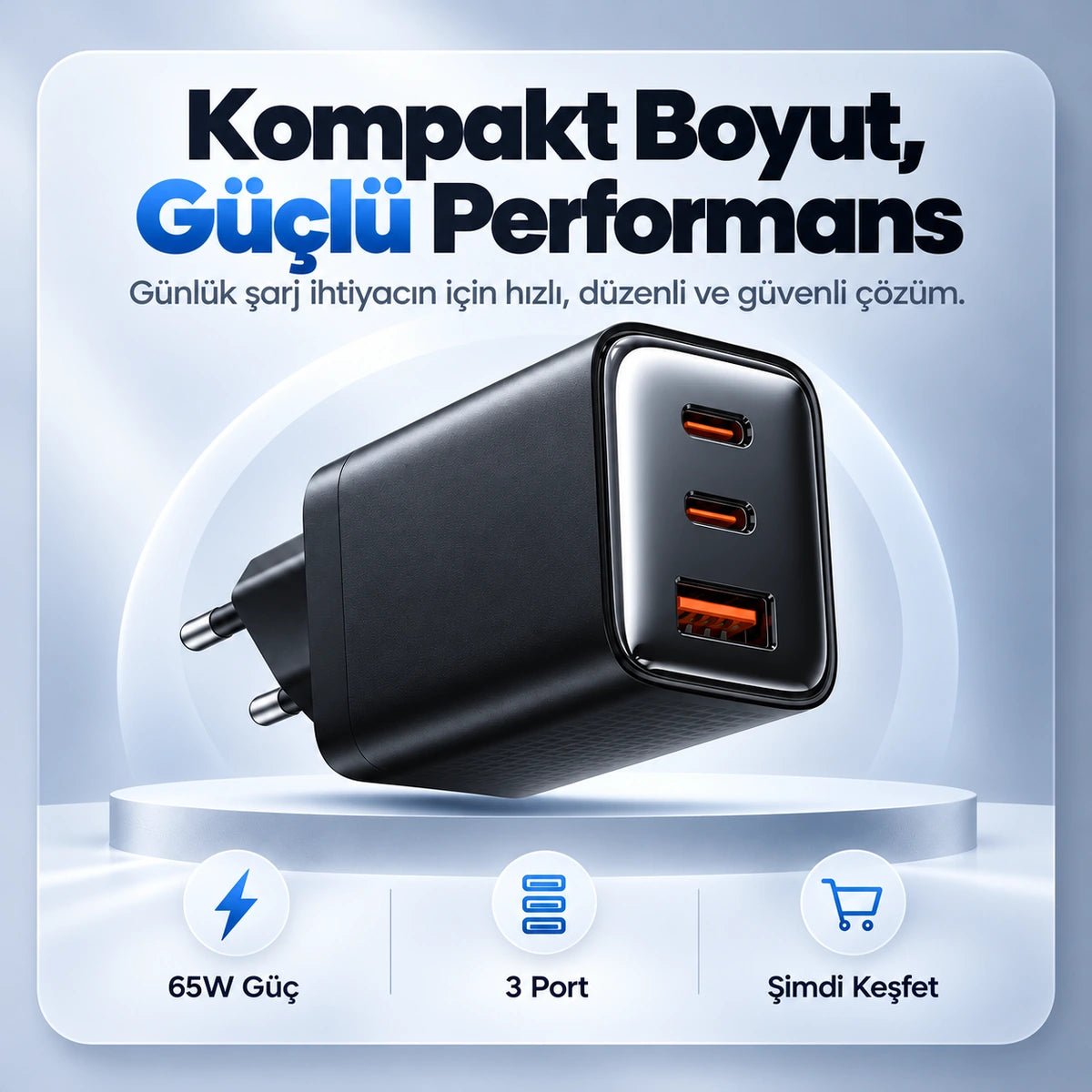 65W GaN Hızlı Şarj Adaptörü – 2 USB-C + USB-A, Siyah - Bi Elma