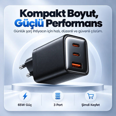 65W GaN Hızlı Şarj Adaptörü – 2 USB-C + USB-A, Siyah - Bi Elma