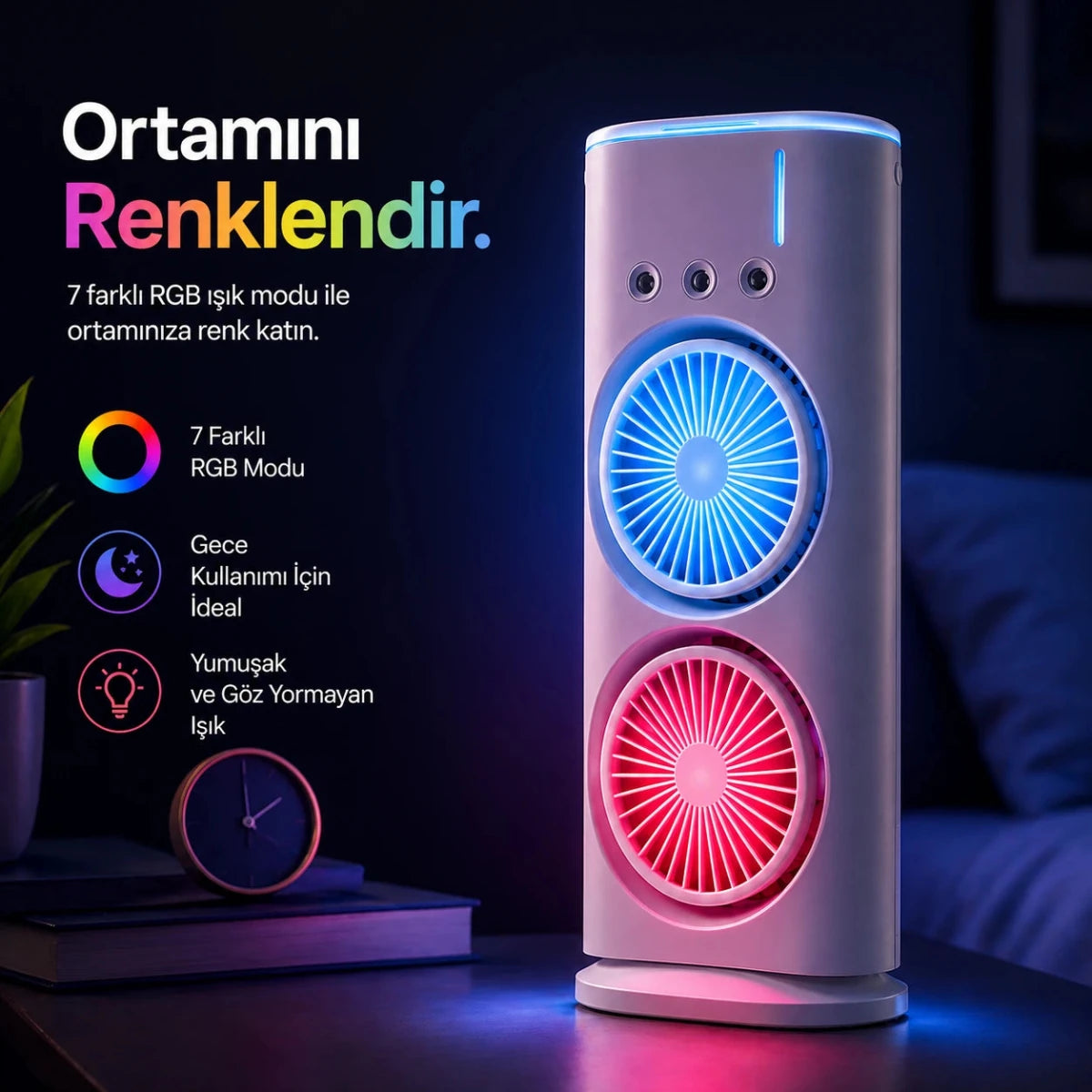 Çift Fanlı Sprey Fan 1800mAh | Mini Klima & Nemlendirici - Bi Elma