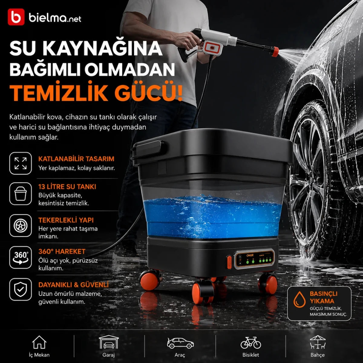 Kablosuz Şarjlı Araç Yıkama Seti | Katlanabilir Kova + Basınçlı Pompa - Bi Elma