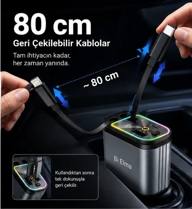4-in-1 Geri Çekilebilir 66W Araç Şarj Aleti – RGB & Yıldız Tavan Efekti - Bi Elma