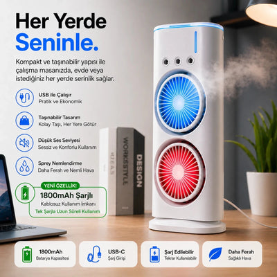 Çift Fanlı Sprey Fan 1800mAh | Mini Klima & Nemlendirici - Bi Elma