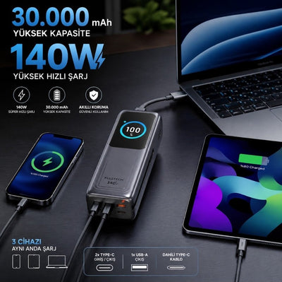 140W Akıllı Ekranlı Hızlı Şarj 30.000MAH Powerbank - 4 Cihaz Eşzamanlı Şarj - Bi Elma