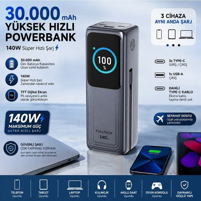140W Akıllı Ekranlı Hızlı Şarj 30.000MAH Powerbank - 4 Cihaz Eşzamanlı Şarj - Bi Elma