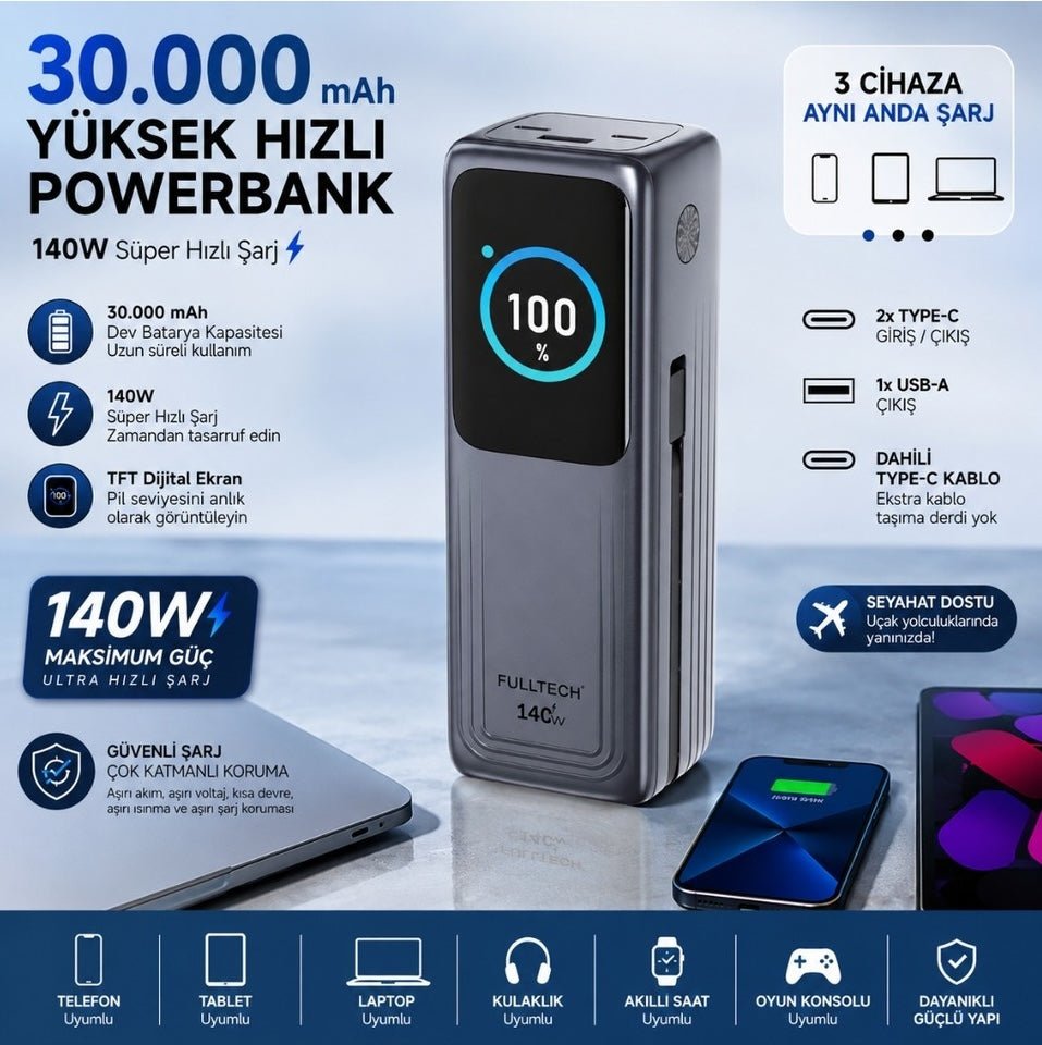 140W Akıllı Ekranlı Hızlı Şarj 30.000MAH Powerbank - 4 Cihaz Eşzamanlı Şarj - Bi Elma
