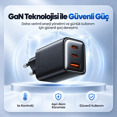 65W GaN Hızlı Şarj Adaptörü – 2 USB-C + USB-A, Siyah - Bi Elma