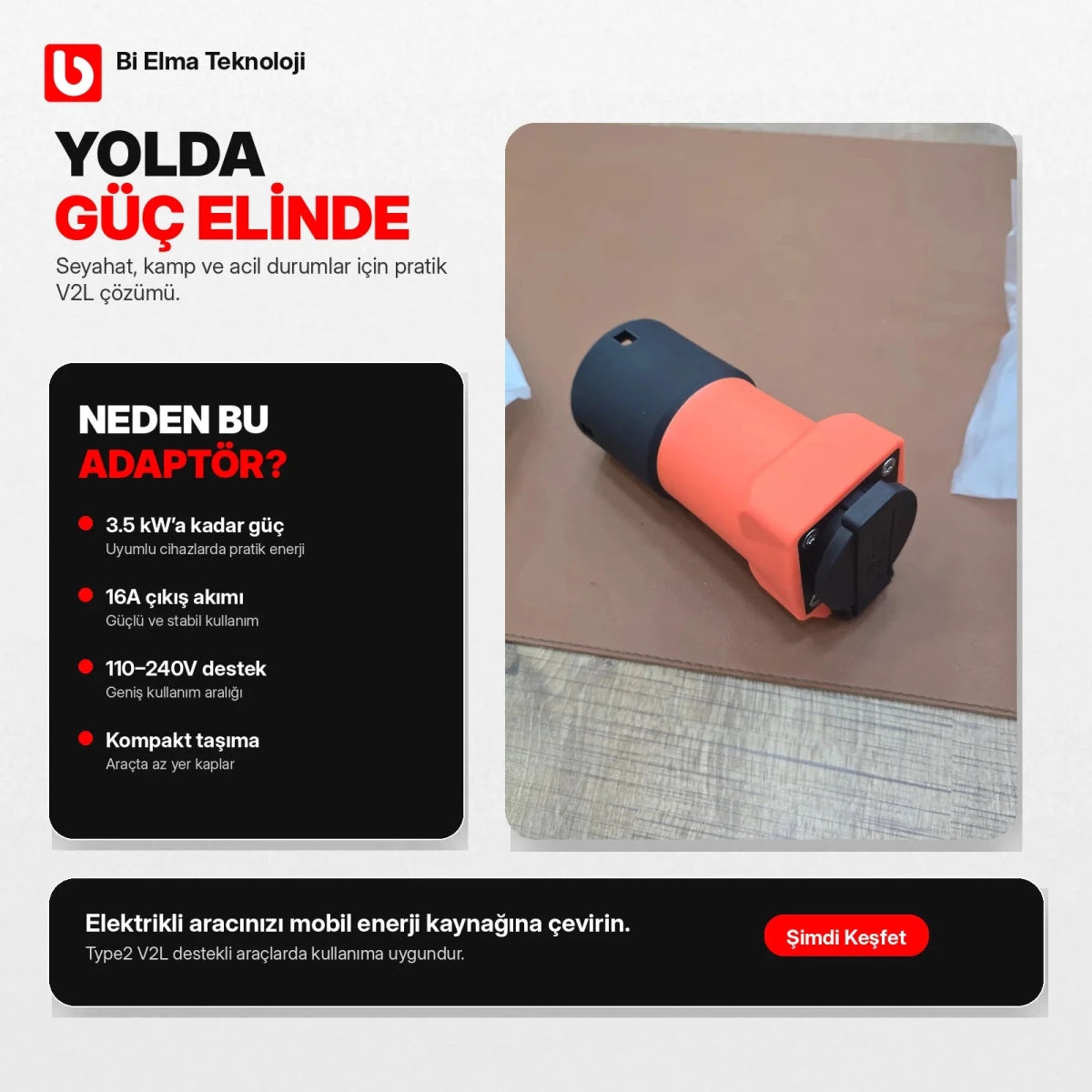 HelloTech V2L Type 2 Elektrikli Araç Güç Çıkış Adaptörü –Togg, Hyundai, Kia ve KGM - Bi Elma