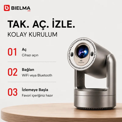 Dahili Bataryalı Premium Android Projeksiyon | Hoparlörlü, Otomatik Odaklı 4K Taşınabilir Sinema - Bi Elma