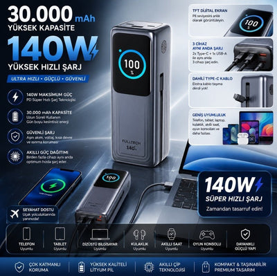 140W Akıllı Ekranlı Hızlı Şarj 30.000MAH Powerbank - 4 Cihaz Eşzamanlı Şarj - Bi Elma