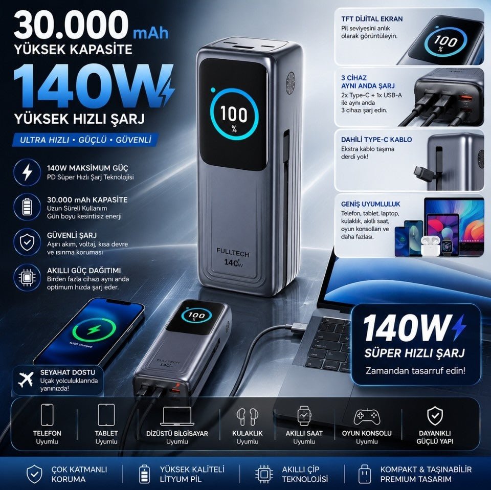 140W Akıllı Ekranlı Hızlı Şarj 30.000MAH Powerbank - 4 Cihaz Eşzamanlı Şarj - Bi Elma