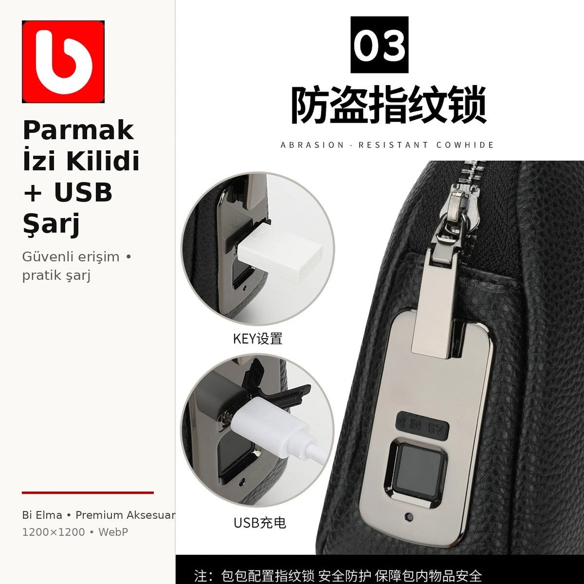 Premium Parmak İzi Kilitli Erkek El Çantası - Bi Elma