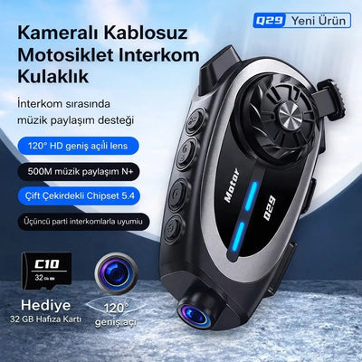Q29 Kameralı Motosiklet Bluetooth Intercom - Bi Elma