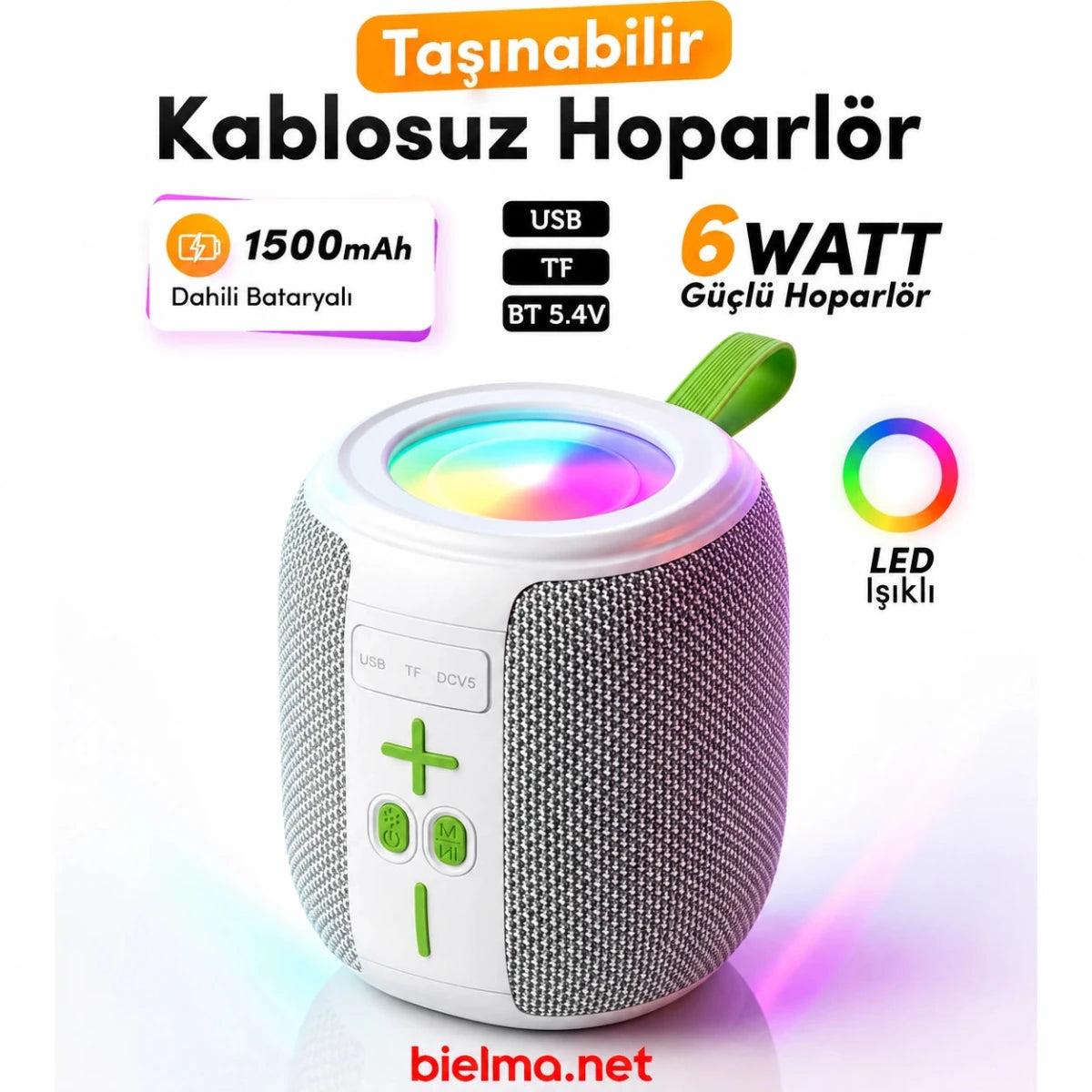 Bluetooth Hoparlör 6W LED Işıklı Taşınabilir Kablosuz Speaker Usb/tf Kart Destekli 1500 Mah - Bi Elma