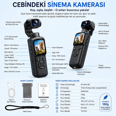 4K Vlog Kamera – 3 Eksen Gimbal, 330° Yüz Takip, Dokunmatik Ekran, Çantalı Set - Bi Elma