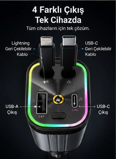 4-in-1 Geri Çekilebilir 66W Araç Şarj Aleti – RGB & Yıldız Tavan Efekti - Bi Elma