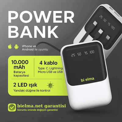 WUW 10000mAh Powerbank Mini Micro, iPhone ve Type C - Bi Elma