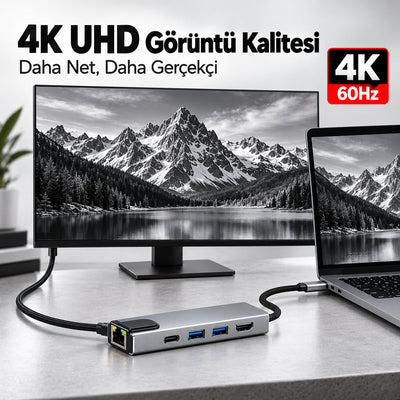 5'i 1 Arada USB-C Çoklayıcı – 100W PD, 4K HDMI, Ethernet - Bi Elma