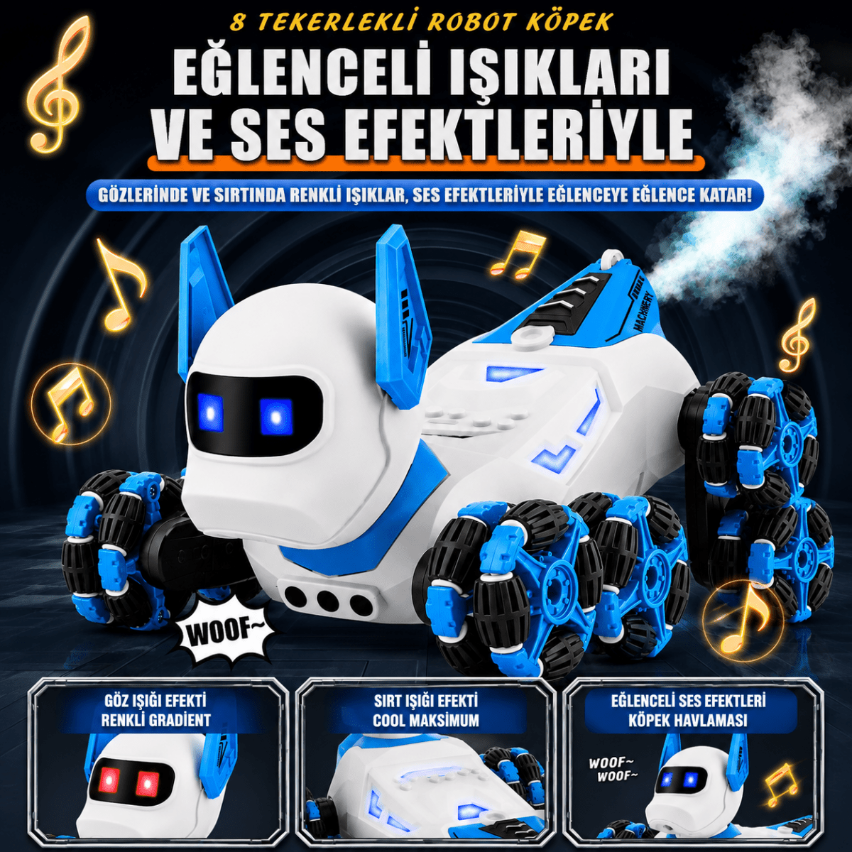 Uzaktan Kumandalı Robot Köpek Oyuncak – 8 Tekerlekli, Işıklı; Müzikli Stunt Oyuncak - Bi Elma