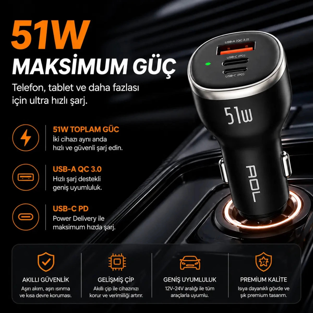 PD 51W Araç İçi Şarj Aleti | 6A Hızlı Şarj, USB - C + USB - A Dual Port - Bi Elma