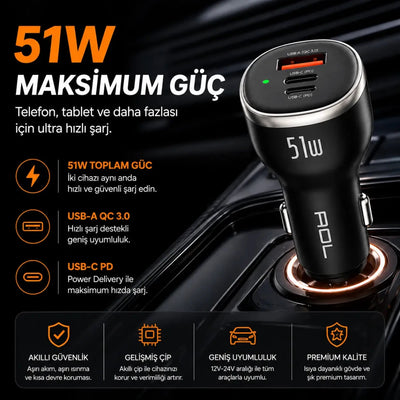 PD 51W Araç İçi Şarj Aleti | 6A Hızlı Şarj, USB - C + USB - A Dual Port - Bi Elma