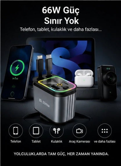 4-in-1 Geri Çekilebilir 66W Araç Şarj Aleti – RGB & Yıldız Tavan Efekti - Bi Elma