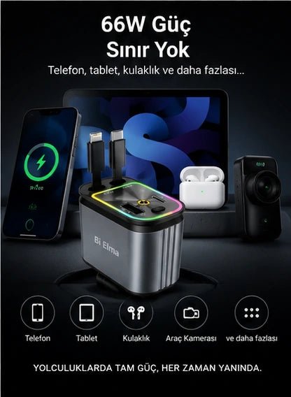 4-in-1 Geri Çekilebilir 66W Araç Şarj Aleti – RGB & Yıldız Tavan Efekti - Bi Elma