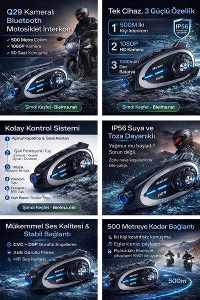 Q29 Kameralı Motosiklet Bluetooth Intercom - Bi Elma