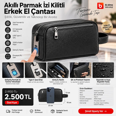 Akıllı Parmak İzi Kilitli Deri El Çantası - Bi Elma