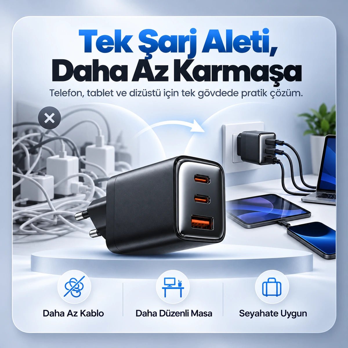 65W GaN Hızlı Şarj Adaptörü – 2 USB-C + USB-A, Siyah - Bi Elma