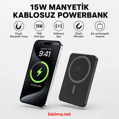 Telefon ve Akıllı Saat Uyumlu Powerbank 15W Kablosuz Şarj - Bi Elma