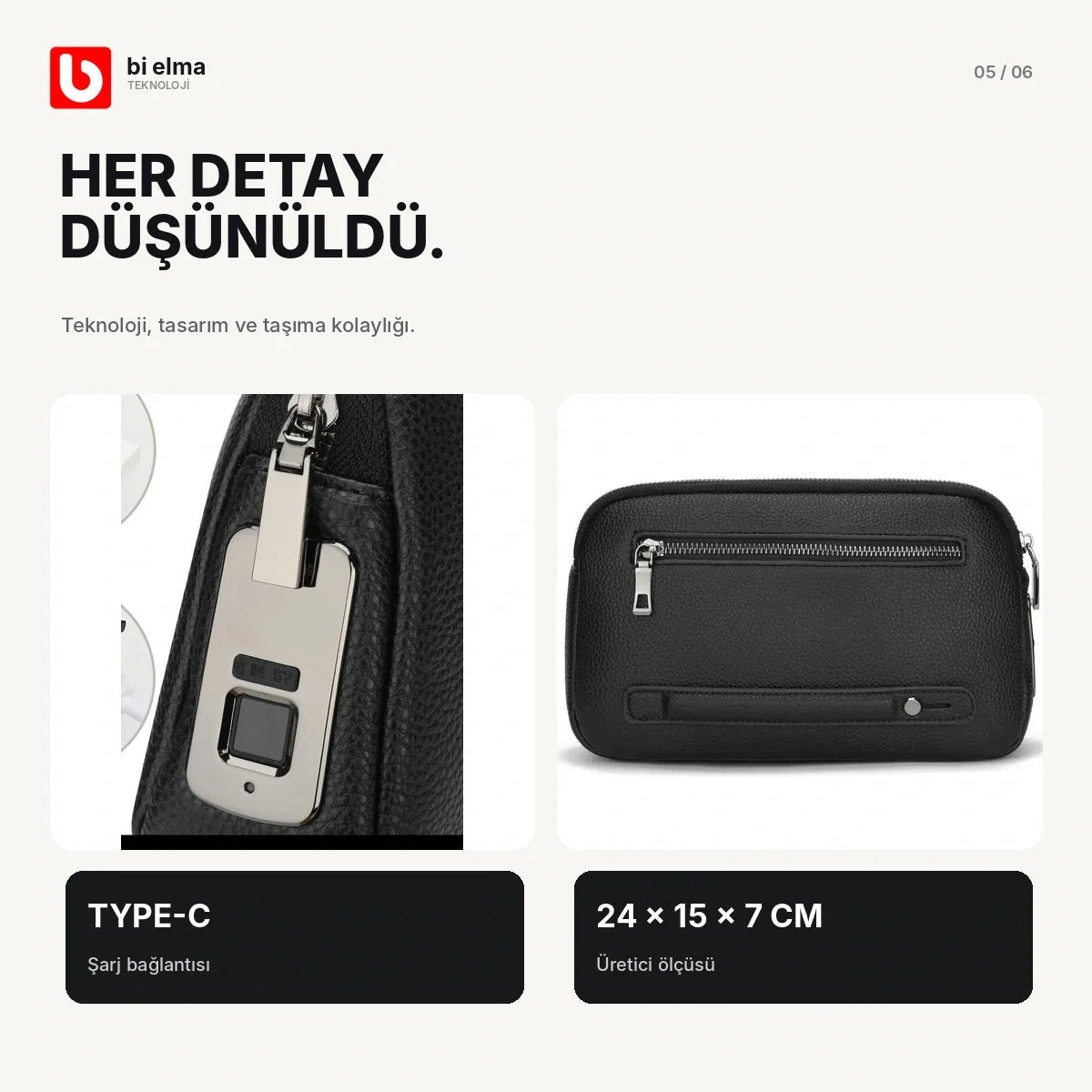 Parmak İzi Kilitli Premium Deri El Çantası - Bi Elma